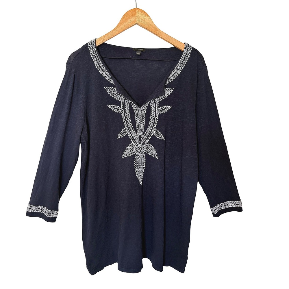 Talbots Split-Neck Embroidered Tunic 1X Navy White Boho Preppy 3/4 Sleeve
